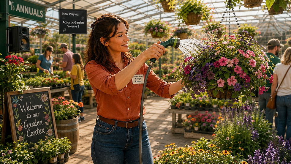 Emma peacefully waters a hanging basket of flowers during a busy afternoon at the garden center.