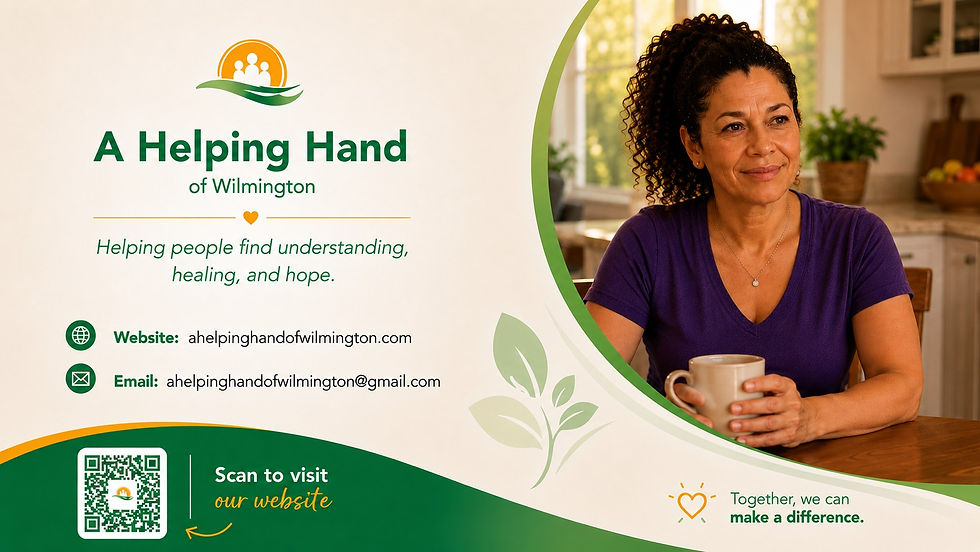 A Helping Hand of Wilmington closing image featuring Angela from the Emotional Eating Stories, with the agency’s website, contact information, and message of helping people find understanding, healing, and hope.
