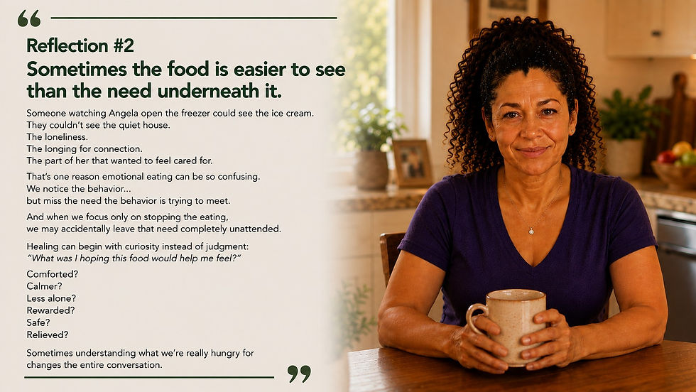 Angela sits thoughtfully at her kitchen table beside a reflection explaining how the urge to keep eating may sometimes come from disappointment, frustration, or self-criticism after eating, rather than simply wanting more food.