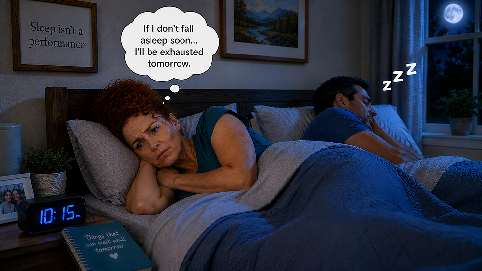 Sarah becomes frustrated and worries that if she does not fall asleep soon, she will be exhausted tomorrow.