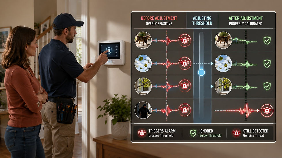 A security technician adjusts a home alarm system so harmless triggers no longer activate it while genuine threats are still detected, illustrating how a protective system can become better calibrated without giving up safety.