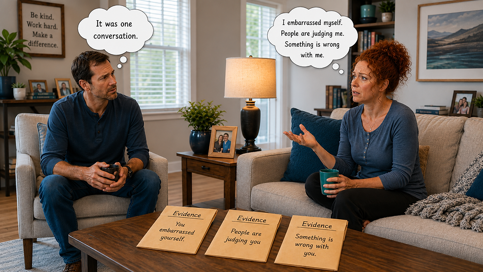 Sarah talks with her husband while anxiety turns one ordinary conversation into evidence that she embarrassed herself, is being judged, or did something wrong.
