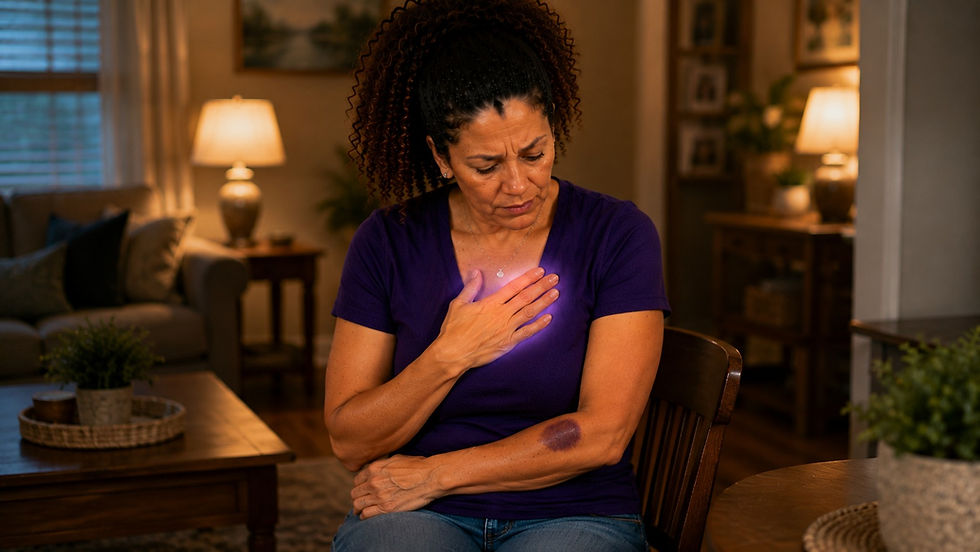 Angela sits quietly with her hand over her heart, showing self-compassion toward the shame and emotional pain connected to secret eating.