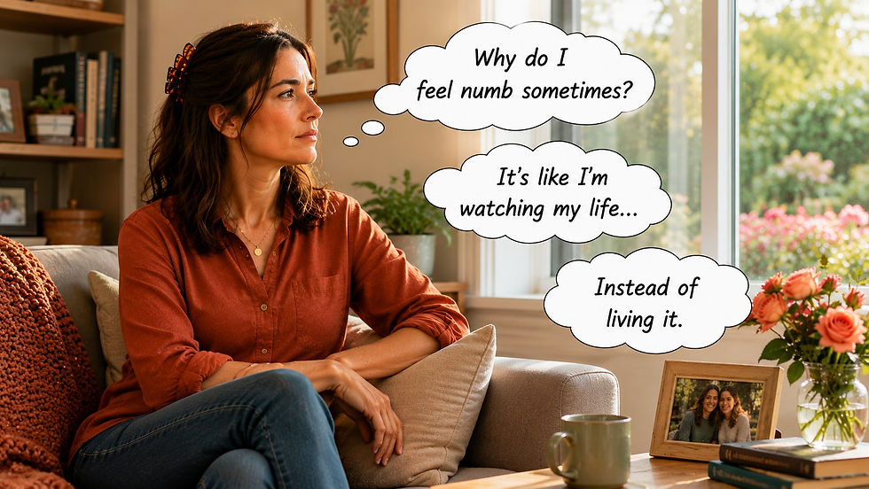 Emma sitting on her couch looking out the window with a neutral expression, describing emotional numbness as feeling like she is watching her life instead of living it.