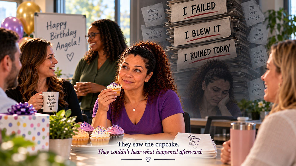 Angela eats a cupcake with coworkers at an ordinary office birthday celebration while the hidden thoughts “I Failed,” “I Blew It,” and “I Ruined Today” tower behind her, illustrating the harsh self-criticism others cannot hear.