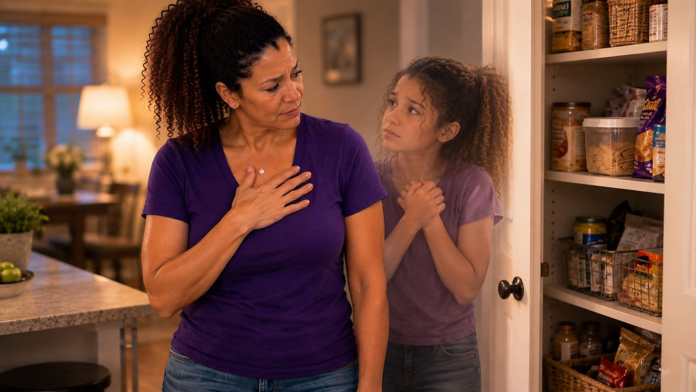 Angela stands beside an open pantry with her hand over her heart as a younger, translucent version of herself appears beside her, representing compassion for the vulnerable part connected to secret eating and shame.