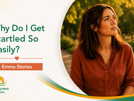 Emma looks thoughtfully into the distance on the cover of the trauma story “Why Do I Get Startled So Easily?”