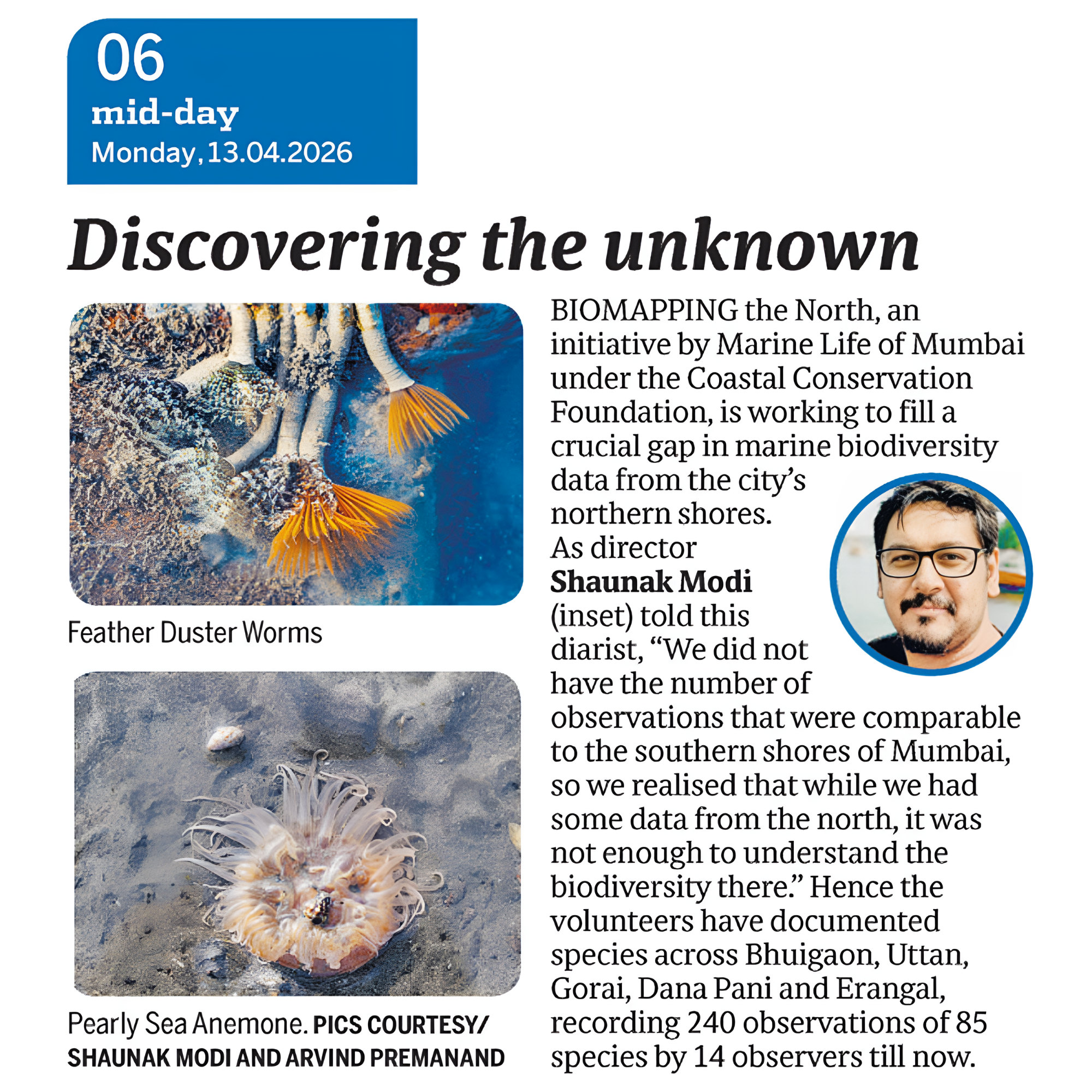 A mid-day newspaper clipping titled Discovering the unknown, about Biomapping the North, with photographs of feather duster worms and a pearly sea anemone