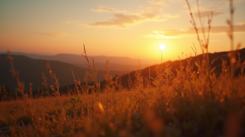 Eye-level view of a serene landscape with a sunrise