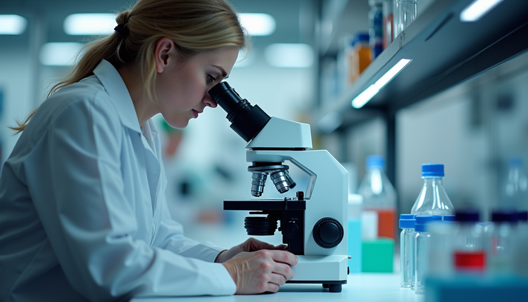 Close-up view of a scientist working with a microscope in a bright laboratory