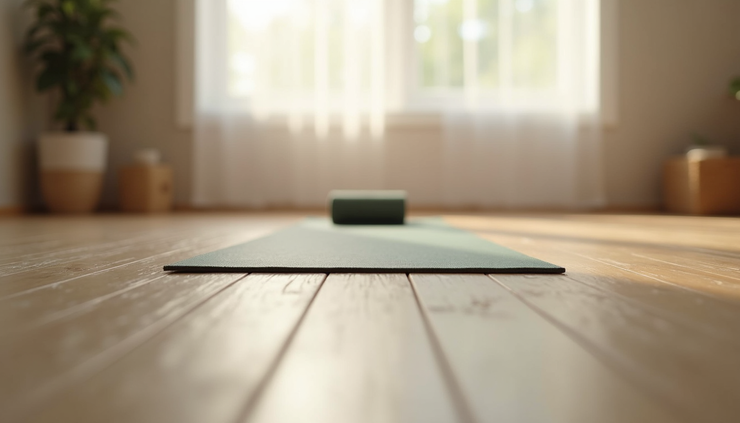 Eye-level view of a yoga mat and props in a calm room, illustrating gentle movement for trauma recovery