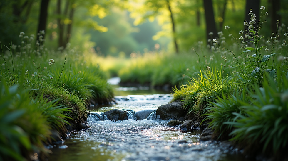 Close-up view of a serene nature scene with a flowing stream
