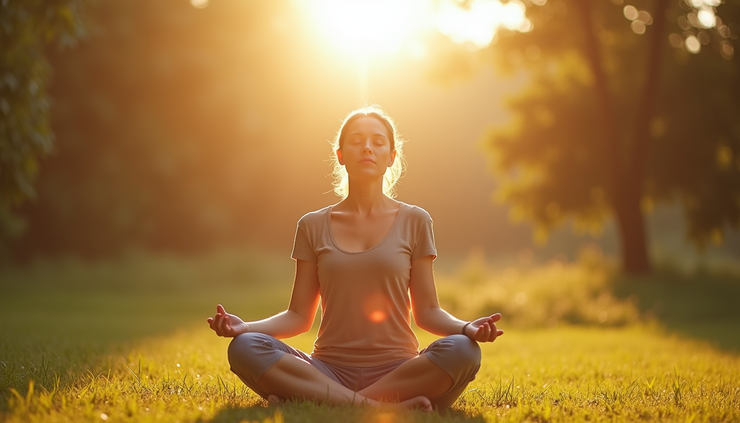 Close-up view of a person meditating outdoors on a sunny day