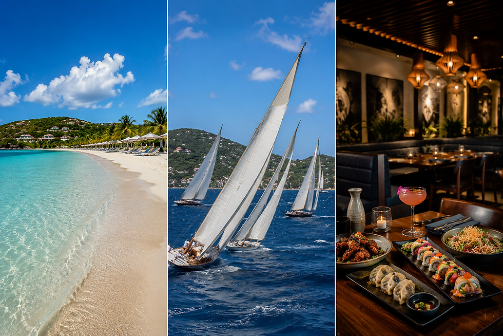 A crystal-clear, sunny day at Ffryes Beach in Antigua, representing the perfect weather during the peak winter travel season. Sailing: A fleet of classic sailing yachts racing through the deep blue Caribbean waters during Antigua Sailing Week in April. Lemongrass: The sleek, air-conditioned dining room at Lemongrass Asian Kitchen, providing a perfect escape from the midday Caribbean heat.