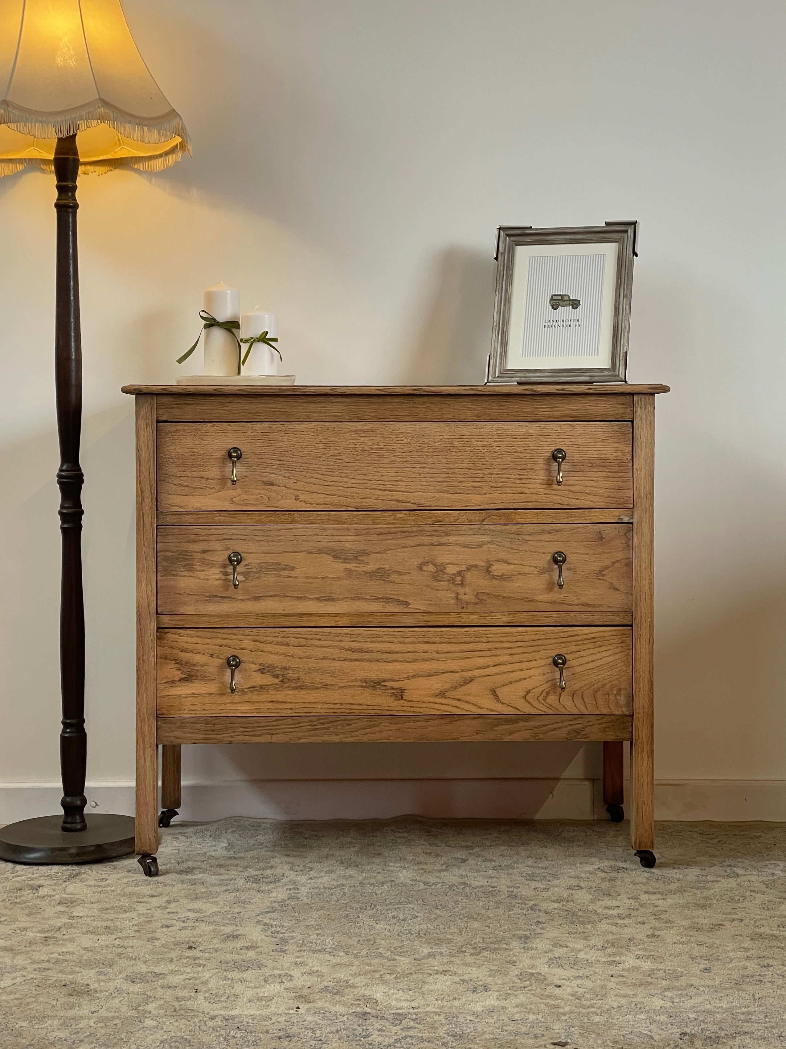 Antique Oak Three-Drawer Chest on Original Castors