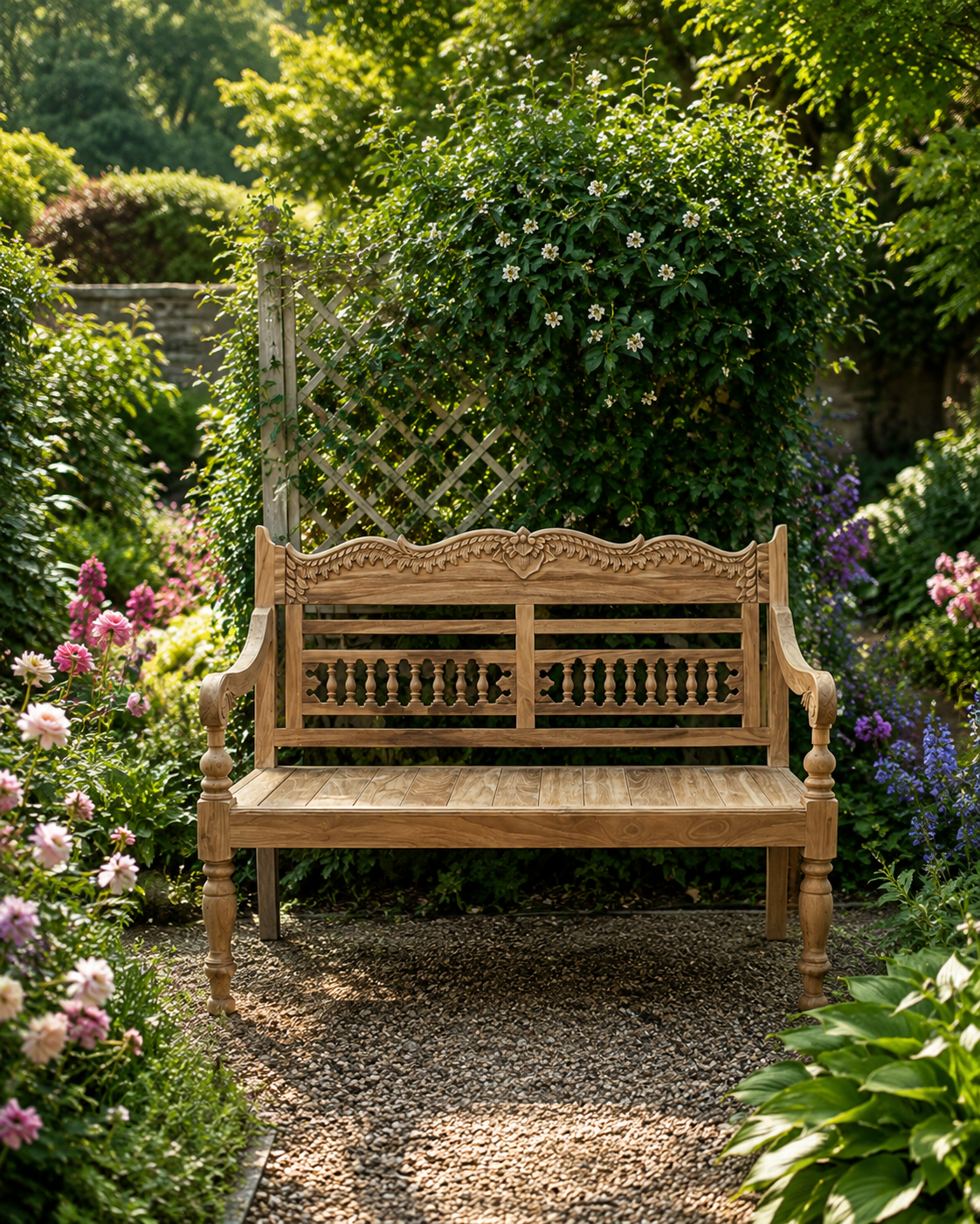 Hand Carved Teak Garden Bench