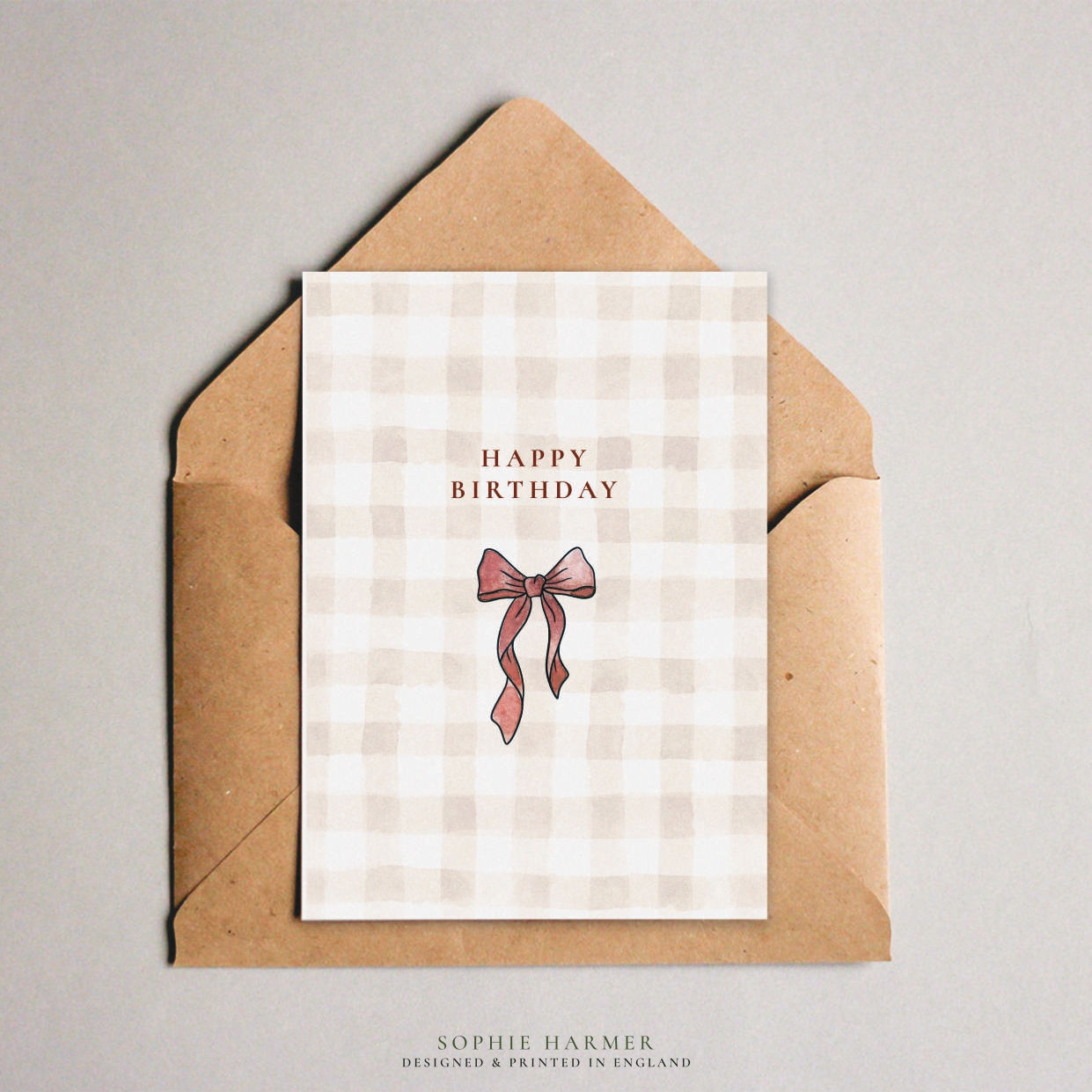 Pink Gingham with Pink Bow Happy Birthday Card