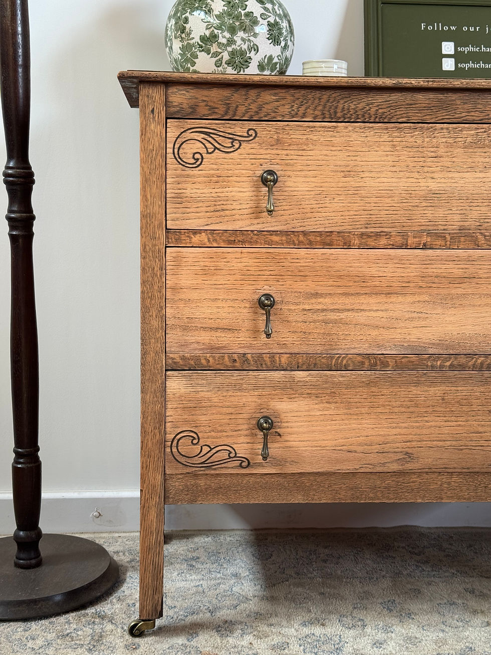 Thumbnail: Pair of Vintage Oak Three Drawer Chests with Decorative Detail