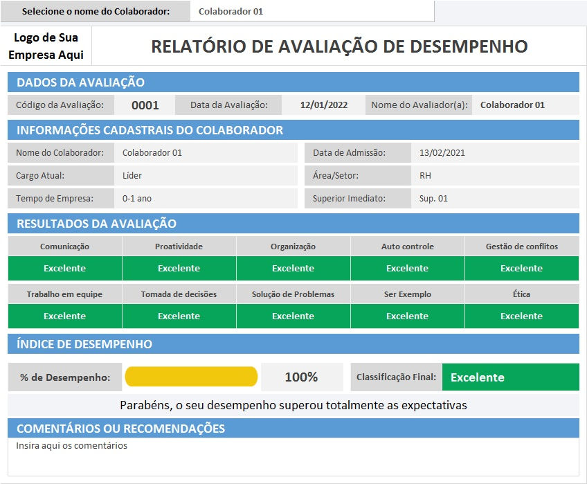 Miniatura: planilha de avaliação de desempenho de funcionários em excel com dashboard