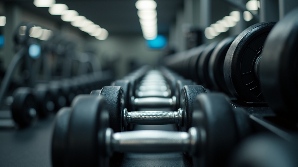 High angle view of a gym filled with dumbbells and weights