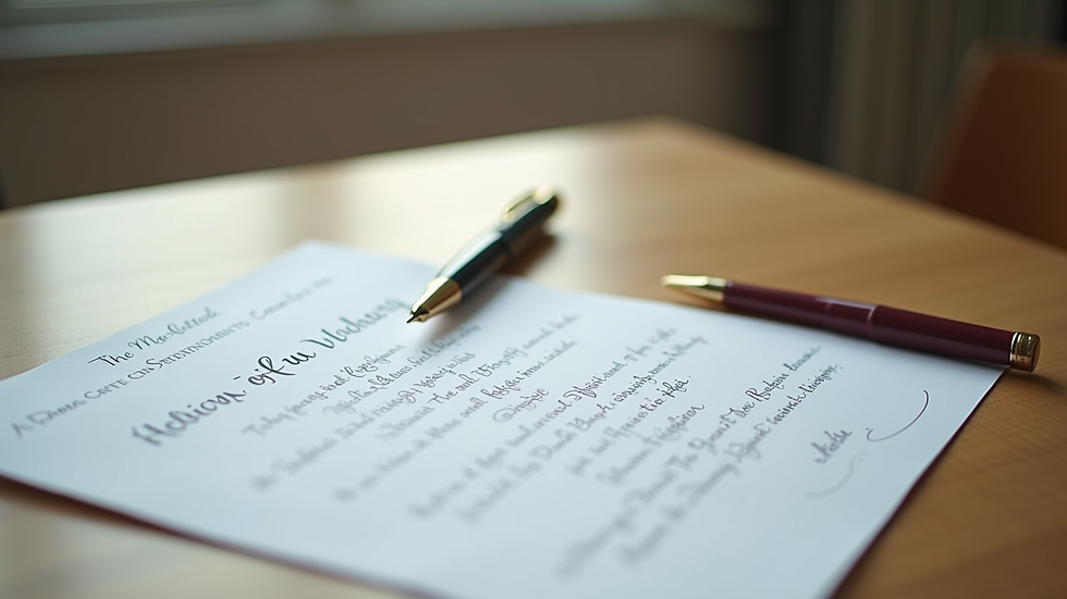 High angle view of a wedding certificate and pen on a wooden desk
