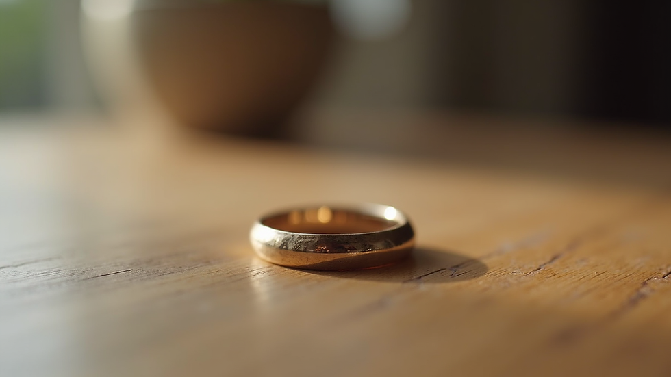 Close-up view of a wedding ring on a simple wooden table