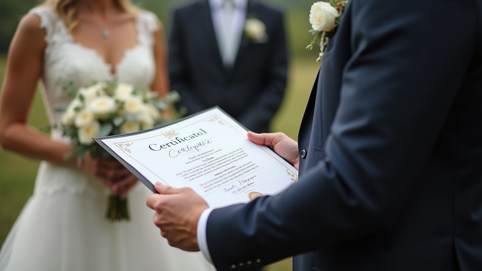 Eye-level view of a wedding celebrant holding a marriage certificate