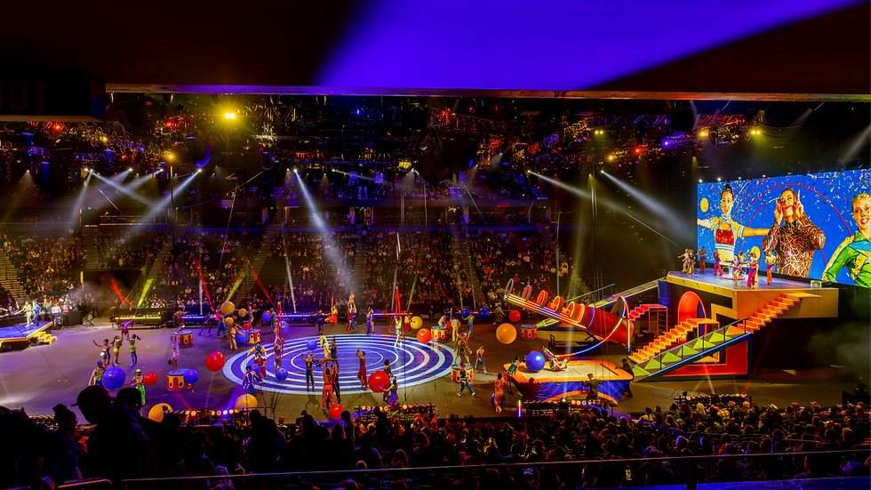 A full-arena spectacle on the Ringling Bros Circus Tour 2026, powered by a zactrack PRO system with 24 anchors and 90 trackers.  Photo © Feld Entertainment