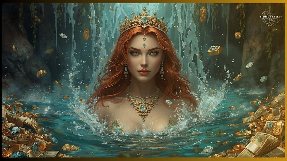 MULHER rUIVA em uma cachoeira natural de jóias, ouro e uma cena de prosperidade.