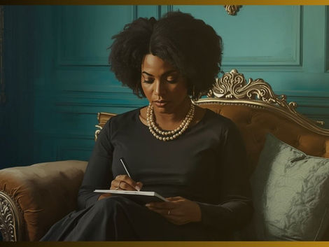 Psicanalista negra estudando sentada em um sofá.