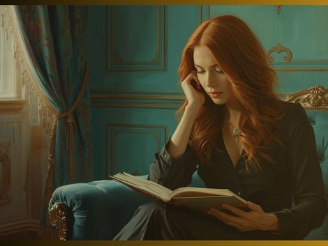 Psicanalista ruiva sentada em um sofá estudando.