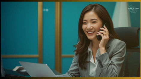 Executiva Japonesa feliz ao telefone.