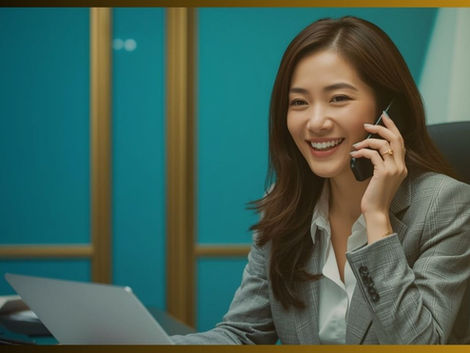 Executiva Japonesa feliz ao telefone.