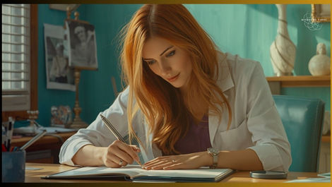 Psicanalista Ruiva estudando na mesa.