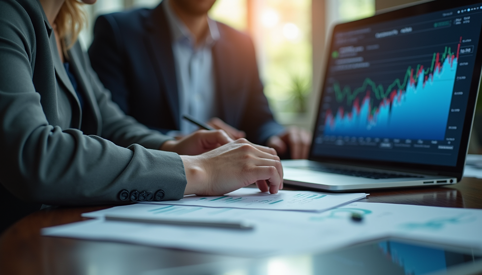 Two business leaders with market data paper and a laptop with a market trends chart.