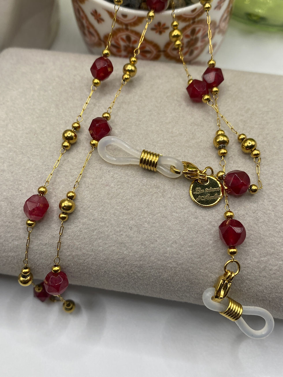 Thumbnail: Cordon à lunettes en Calcédoine et acier inoxydable 