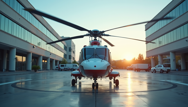 Eye-level view of a medical helicopter parked on a hospital helipad ready for patient transfer
