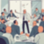 Illustration of a tense board meeting with a man standing and gesturing while others sit attentively. The room is white and gray-toned.