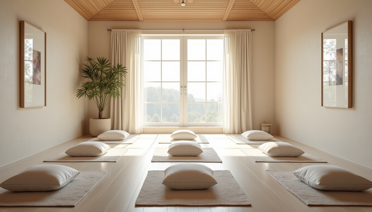 Eye-level view of a serene meditation room with cushions and soft natural light