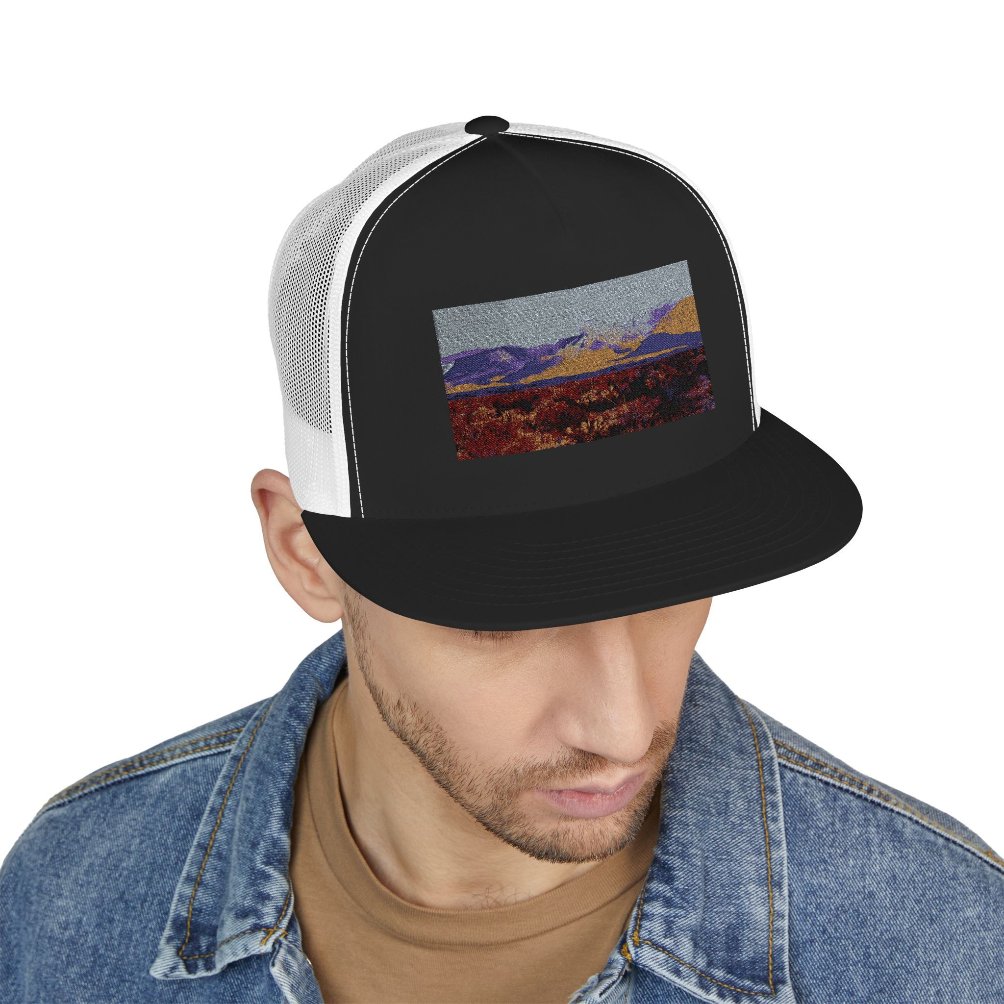 Panoramic View of Cacti and Mountains, 5 Panel Trucker Cap (Embroidery)