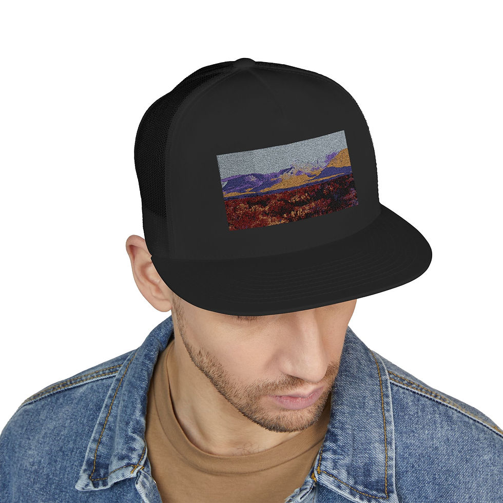 Thumbnail: Panoramic View of Cacti and Mountains, 5 Panel Trucker Cap (Embroidery)