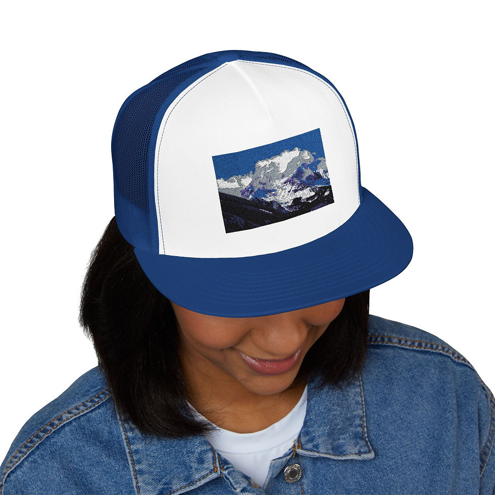 Thumbnail: Snowcapped Mountains, 5 Panel Trucker Cap (Embroidery)