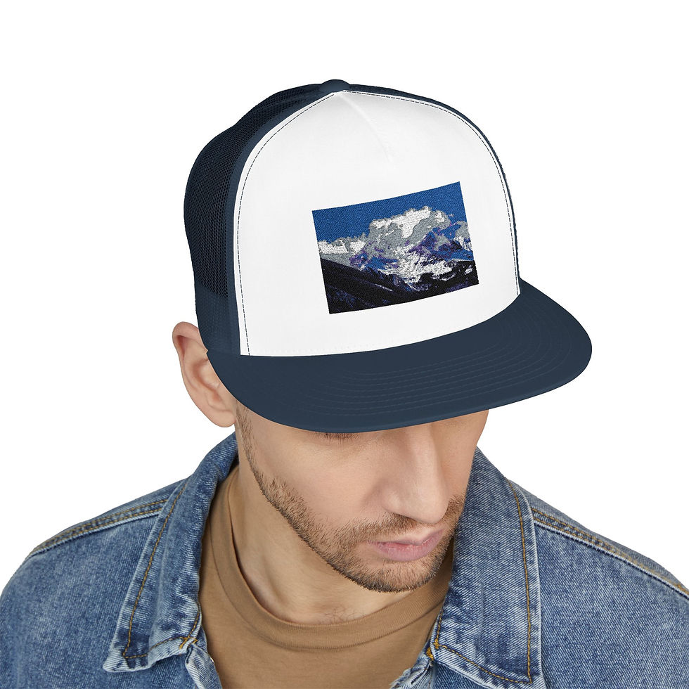 Thumbnail: Snowcapped Mountains, 5 Panel Trucker Cap (Embroidery)