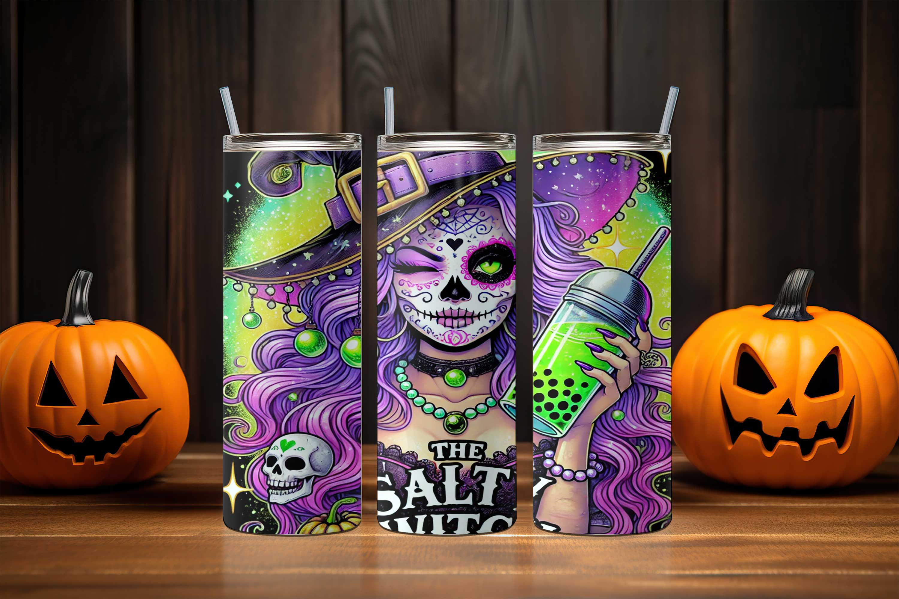 Scary Halloween Skinny Tumbler with Straw, 20oz- Halloween Tumbler, Witch
