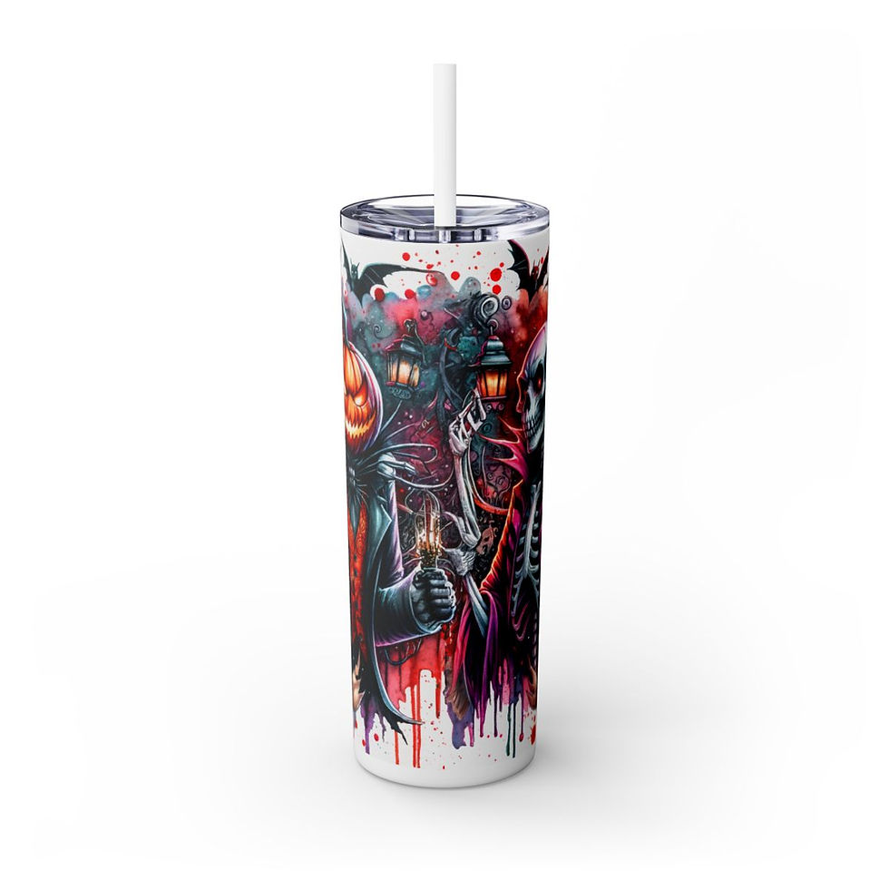Thumbnail: Scary Halloween Skinny Tumbler with Straw, 20oz- Halloween Tumbler, Skeleton