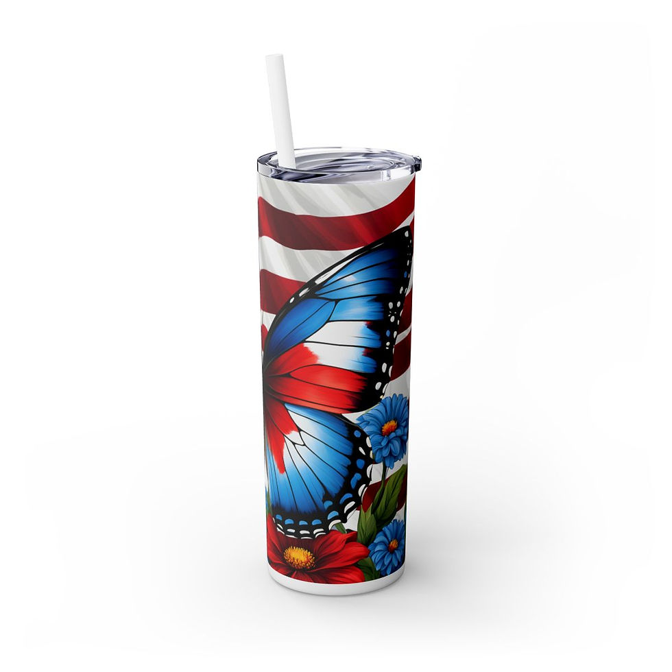Thumbnail: Patriotic Skinny 20ozTumbler with Straw -Patriotic Tumbler, Butterfly Tumbler