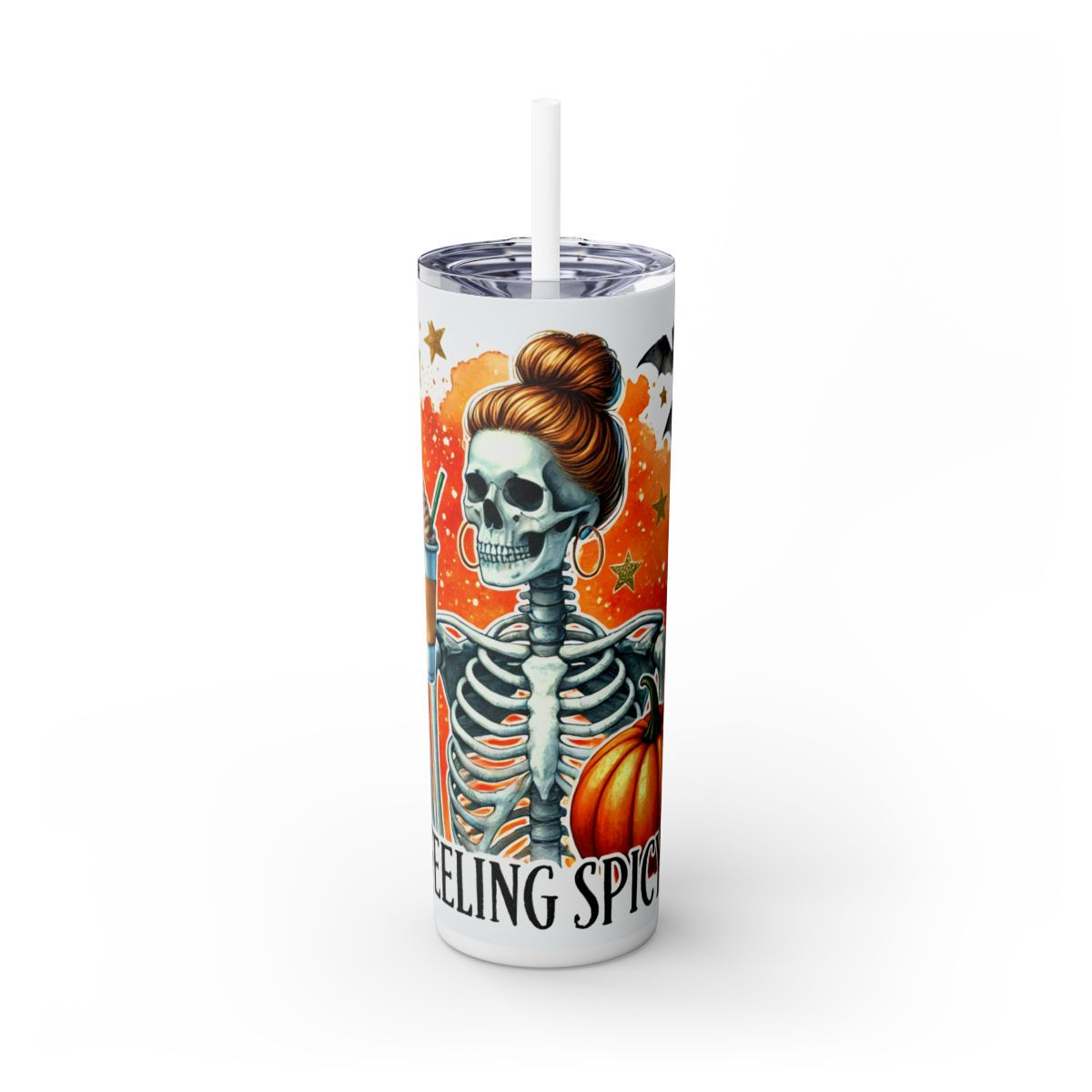 Scary Halloween Skinny Tumbler with Straw, 20oz- Halloween Tumbler, Skeleton