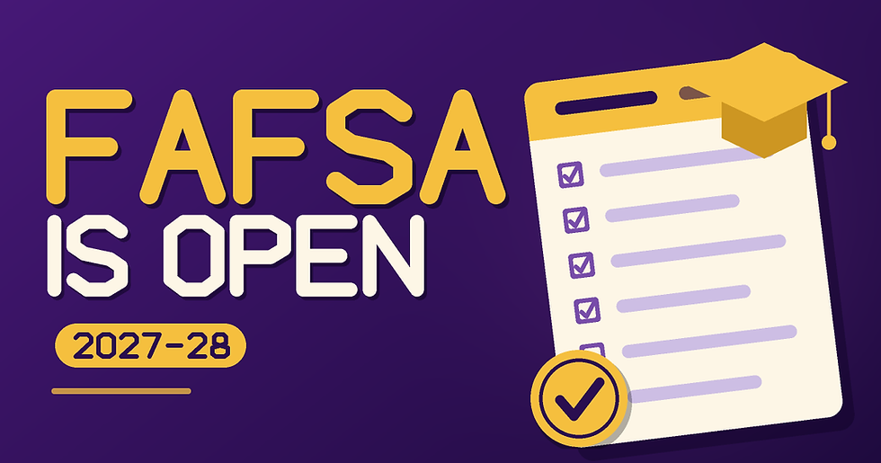 Purple and gold graphic reading FAFSA Is Open with a cream application form, a gold check seal and a graduation cap, from The Front Porch at Sophie's Mart