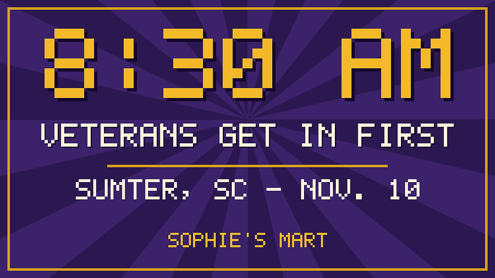 Illustrated purple and gold graphic with the words 8:30 AM, Veterans Get In First, Sumter, SC, Nov. 10, promoting the Camo to Careers Veteran Job and Resource Fair