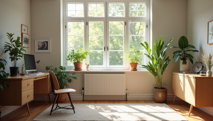 Eye-level view of a peaceful home workspace with natural light and plants